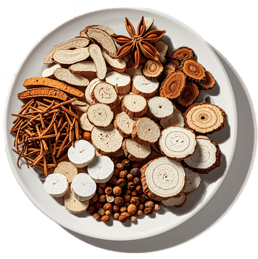 A plate of sliced raw Chinese herbs